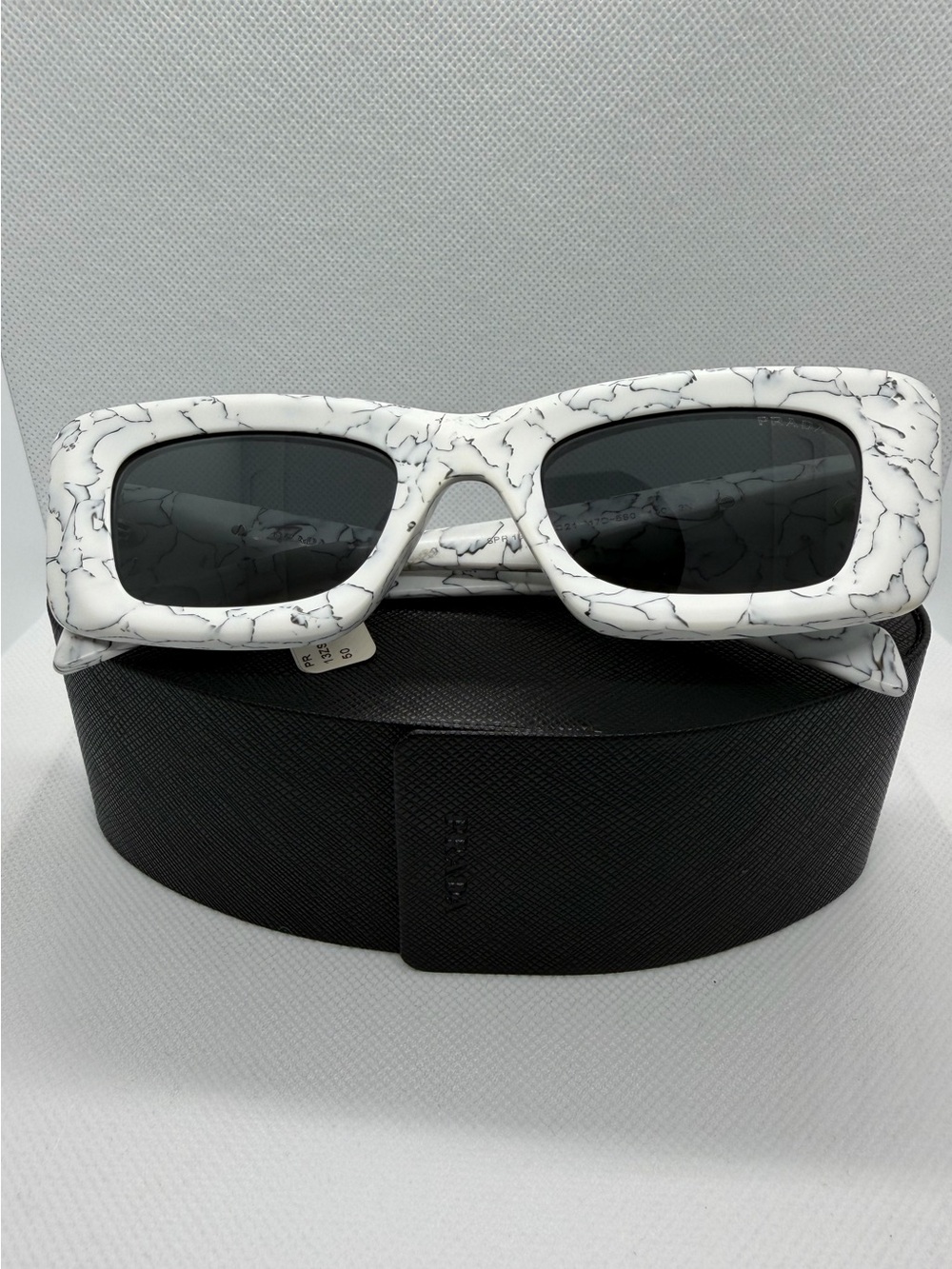 Prada White Marble Rectangular Sunglasses with Dark Lenses